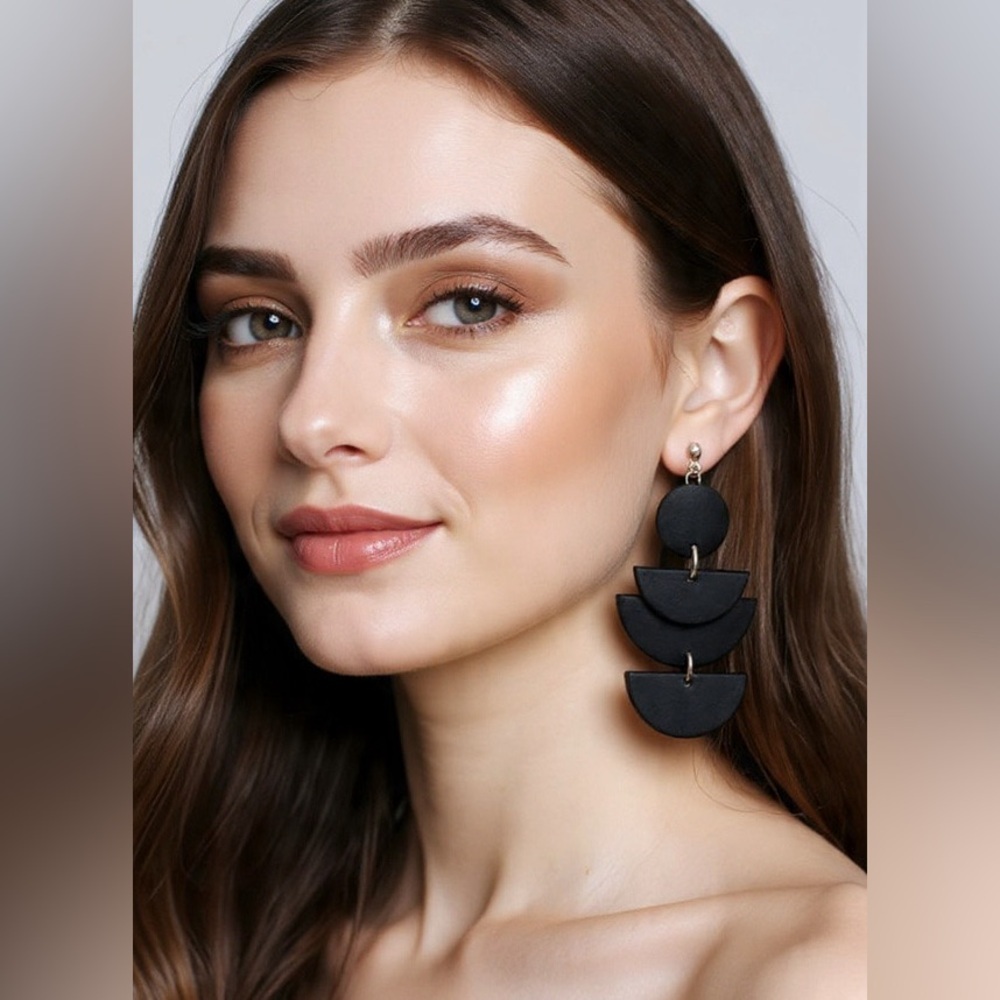 Black Boho Drop Geometric - Handmade Earrings - Picture 2 of 6